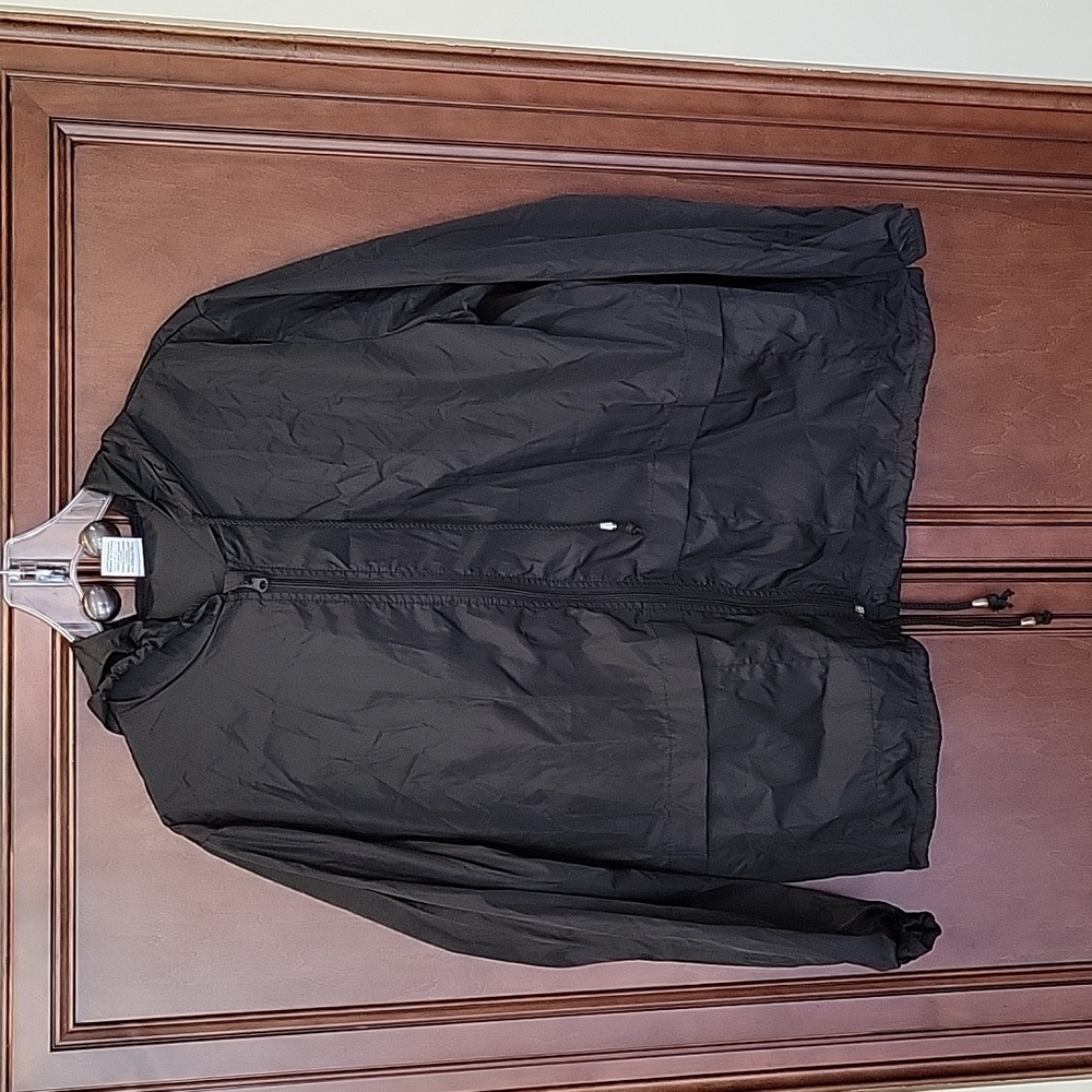 Black Rain Jacket Wind Breaker Hood Pockets Front Zipper  SIze Large LQQK